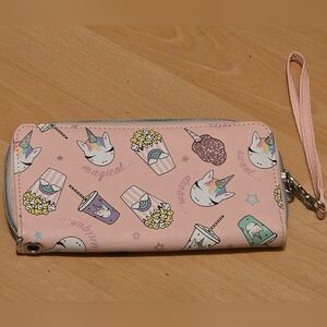OMG Accessories Pink Unicorn Print Wallet Wristlet Strap Zip Closure